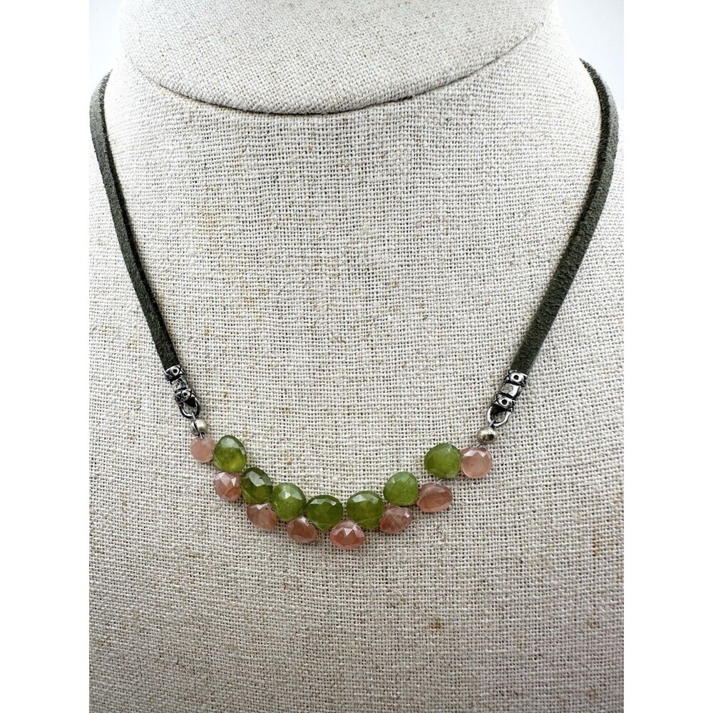 925 Sterling Silver Faceted Gemstone Bead Leather Cord Necklace 16”